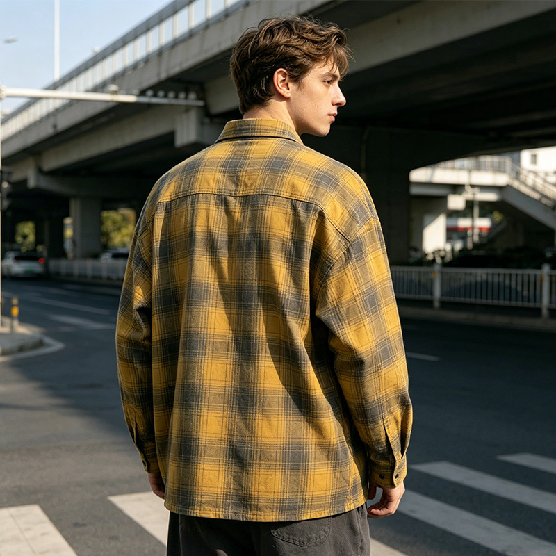 Long Sleeve Yellow Grey Plaid Cracked Screen Print Shirt