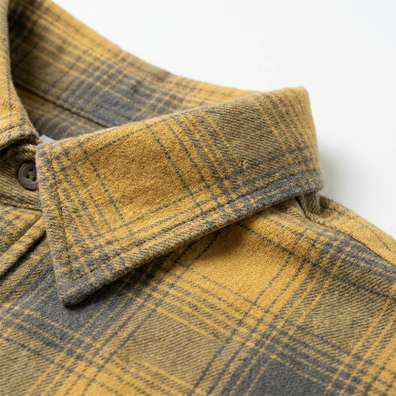 Long Sleeve Yellow Grey Plaid Cracked Screen Print Shirt