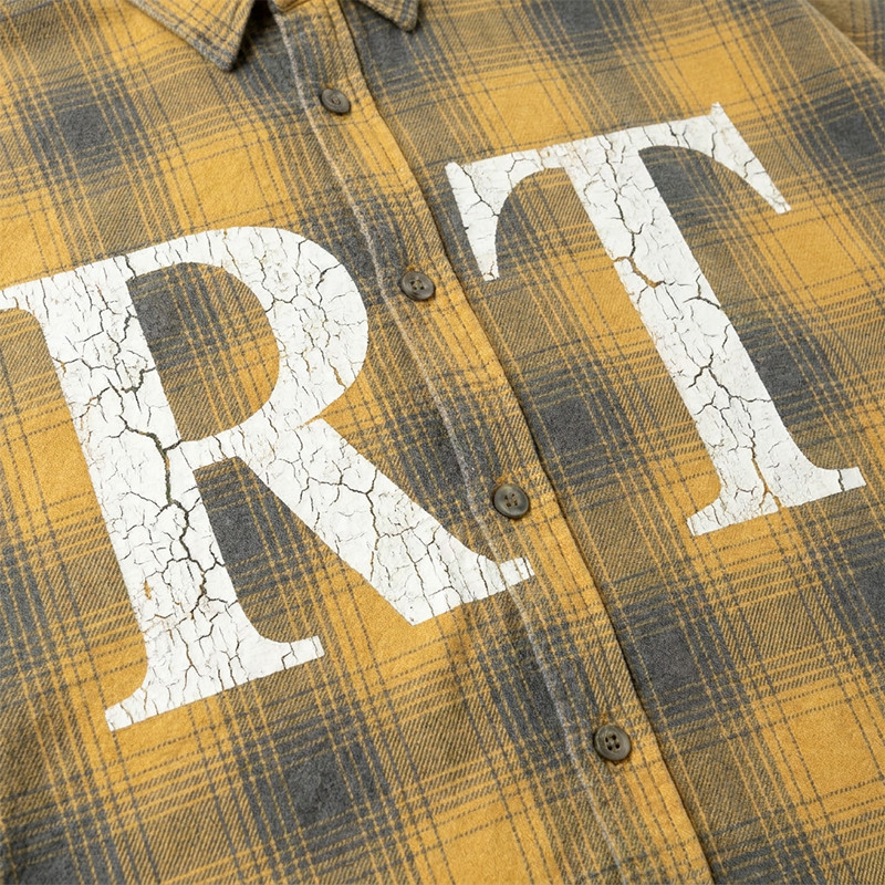 Long Sleeve Yellow Grey Plaid Cracked Screen Print Shirt