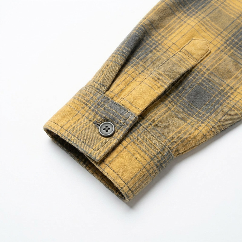 Long Sleeve Yellow Grey Plaid Cracked Screen Print Shirt
