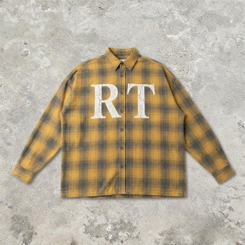 Long Sleeve Yellow Grey Plaid Cracked Screen Print Shirt | Vintage Crack Effect | Custom Streetwear