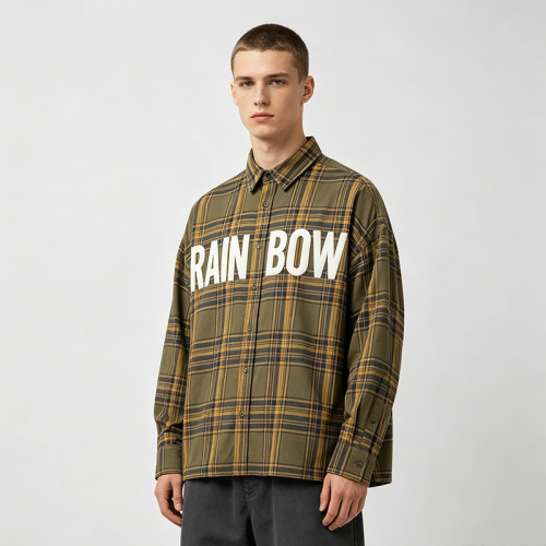 Long Sleeve Army Green Plaid Silicone Print Shirt | Raised 3D Letter | Street Casual Daily Wear | Clothing Manufacturer