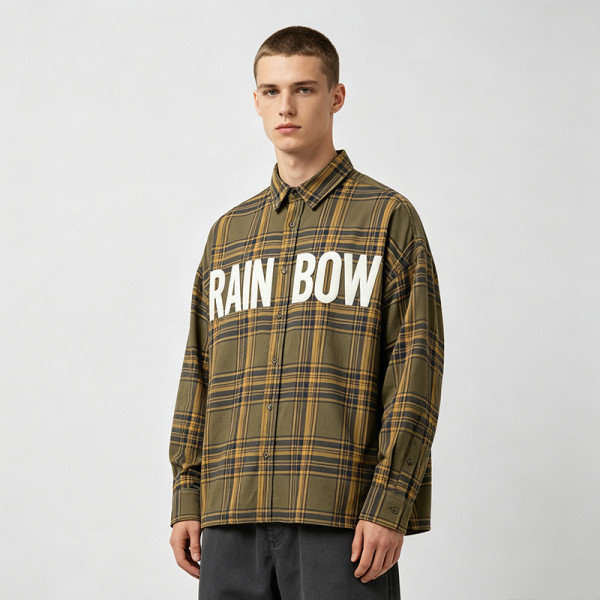 Long Sleeve Army Green Plaid Silicone Print Shirt | Raised 3D Letter | Street Casual Daily Wear | Clothing Manufacturer