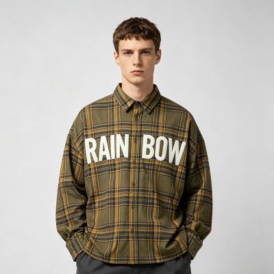 Long Sleeve Army Green Plaid Silicone Print Shirt | Raised 3D Letter | Street Casual Daily Wear | Clothing Manufacturer