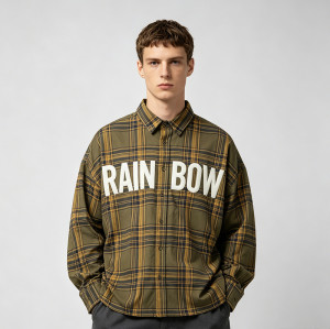 Long Sleeve Army Green Plaid Silicone Print Shirt | Raised 3D Letter | Street Casual Daily Wear | Clothing Manufacturer
