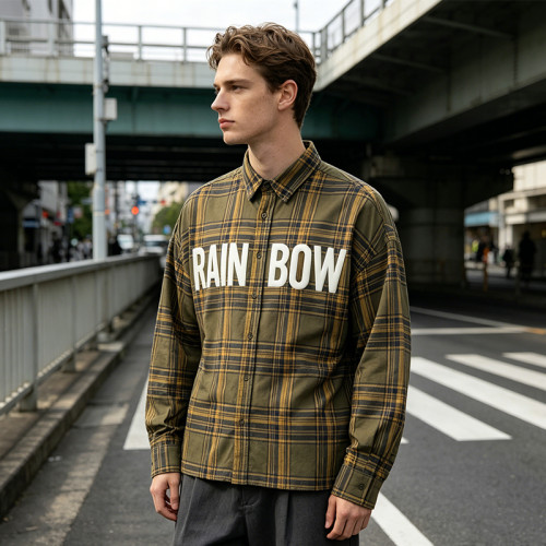 Long Sleeve Army Green Plaid Silicone Print Shirt | Raised 3D Letter | Street Casual Daily Wear | Clothing Manufacturer
