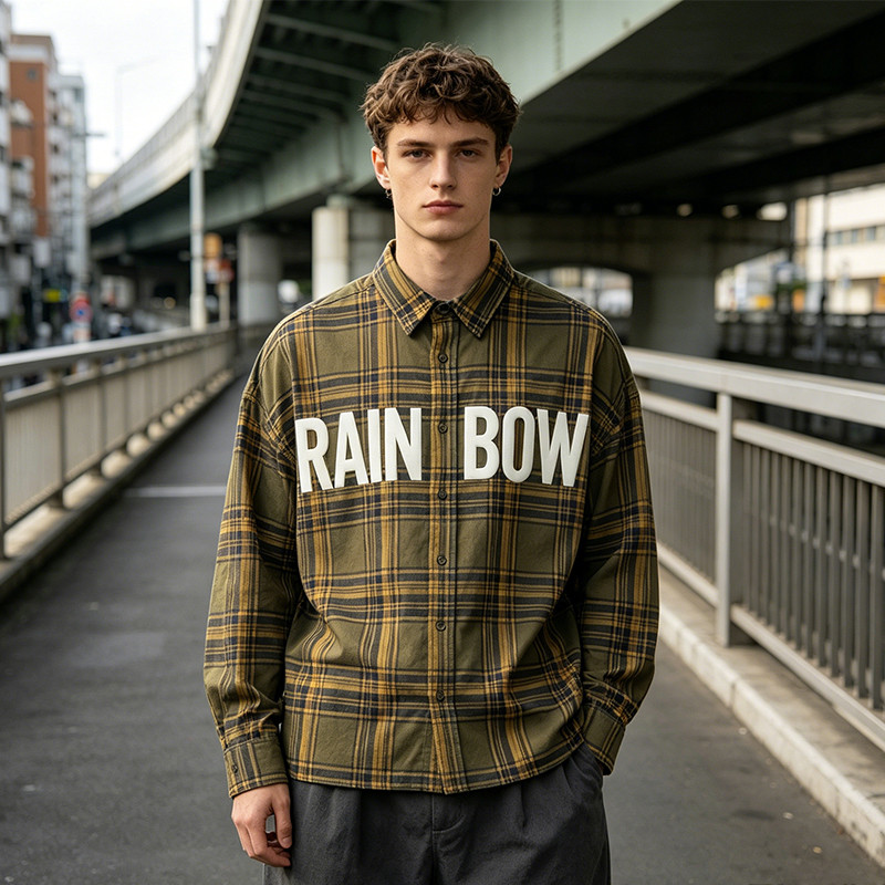 Long Sleeve Army Green Plaid Silicone Print Shirt