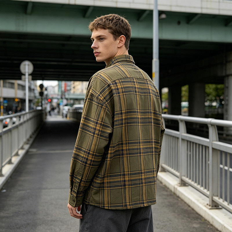 Long Sleeve Army Green Plaid Silicone Print Shirt