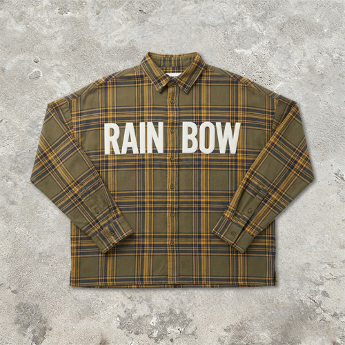 Long Sleeve Army Green Plaid Silicone Print Shirt | Raised 3D Letter | Street Casual Daily Wear | Clothing Manufacturer