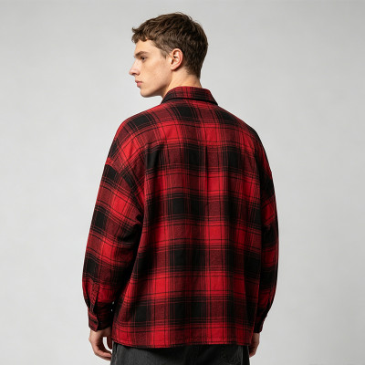 Applique Embroidery Long Sleeve Plaid Shirt | Loose Oversized Fit | 100% Cotton | OEM Streetwear