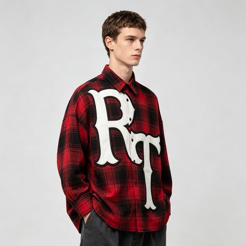 Applique Embroidery Long Sleeve Plaid Shirt | Loose Oversized Fit | 100% Cotton | OEM Streetwear