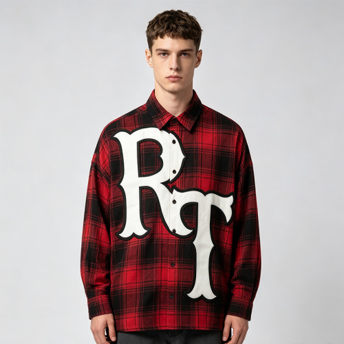 Applique Embroidery Long Sleeve Plaid Shirt | Loose Oversized Fit | 100% Cotton | OEM Streetwear