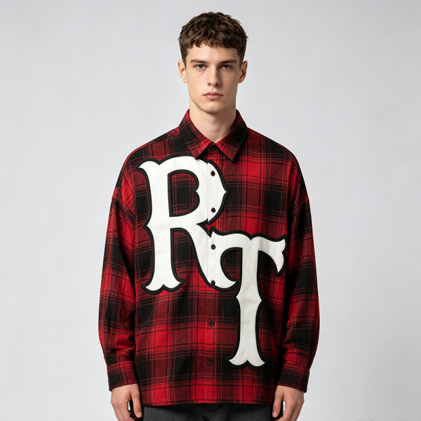 Applique Embroidery Long Sleeve Plaid Shirt | Loose Oversized Fit | 100% Cotton | OEM Streetwear