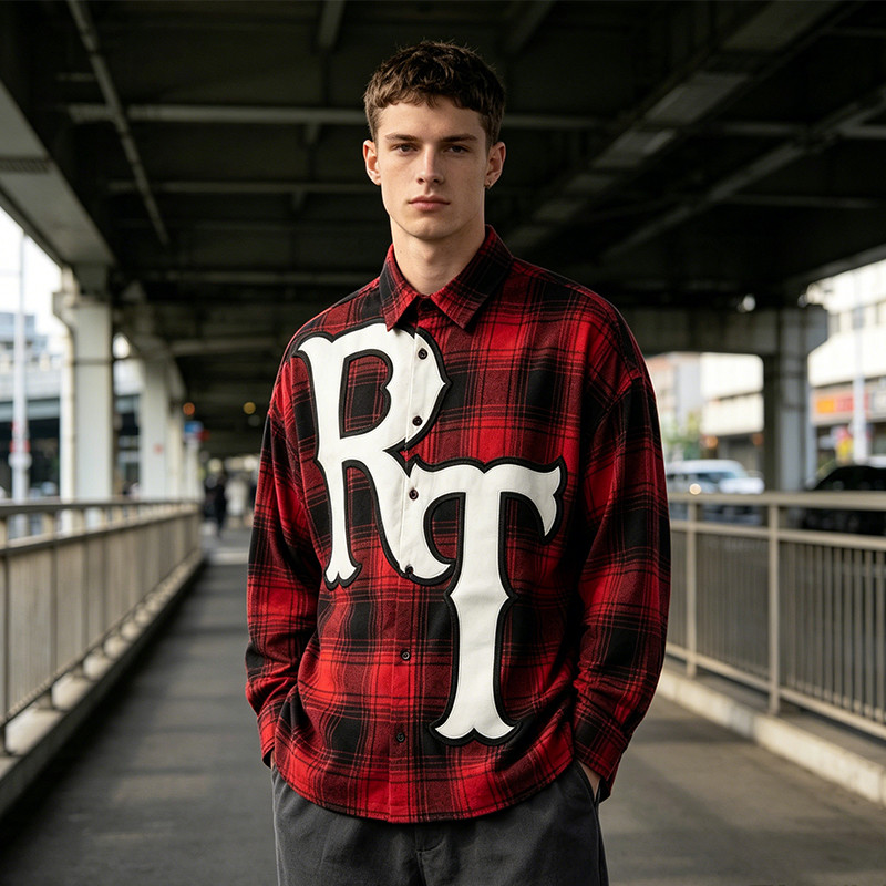 Applique Embroidery Long Sleeve Plaid Shirt