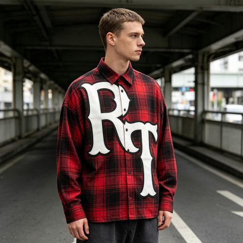 Applique Embroidery Long Sleeve Plaid Shirt | Loose Oversized Fit | 100% Cotton | OEM Streetwear