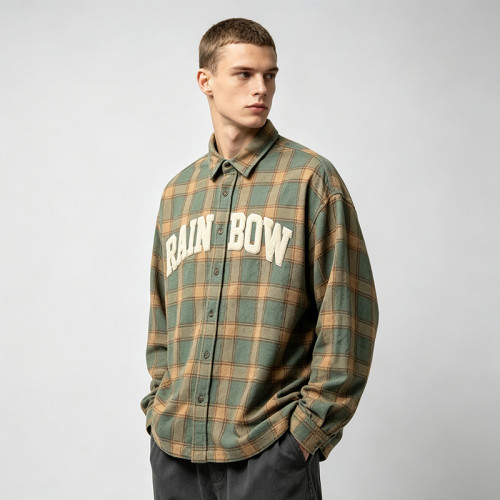 Plaid Applique Shirt With Towel Embroidery | 100% Cotton | Casual Street Daily Wear | OEM Streetwear