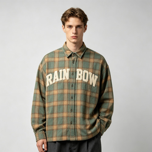 Plaid Applique Shirt With Towel Embroidery | 100% Cotton | Casual Street Daily Wear | OEM Streetwear