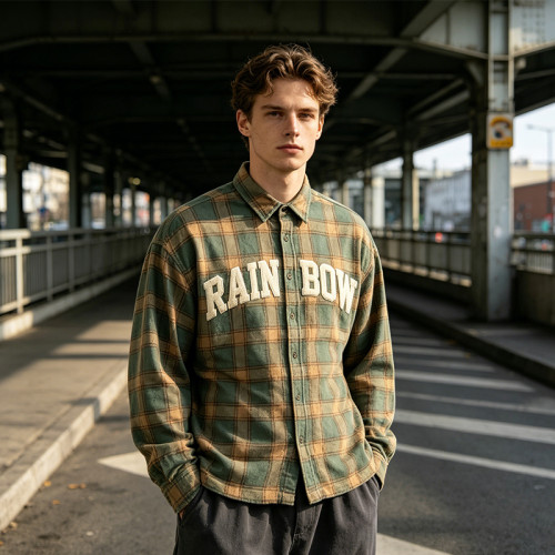 Plaid Applique Shirt With Towel Embroidery | 100% Cotton | Casual Street Daily Wear | OEM Streetwear