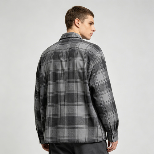Grey Plaid Shirt With Leather Applique | 100% Cotton | Hip Hop Street Daily Wear | Clothing Manufacturer