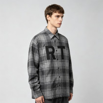 Grey Plaid Shirt With Leather Applique | 100% Cotton | Hip Hop Street Daily Wear | Clothing Manufacturer