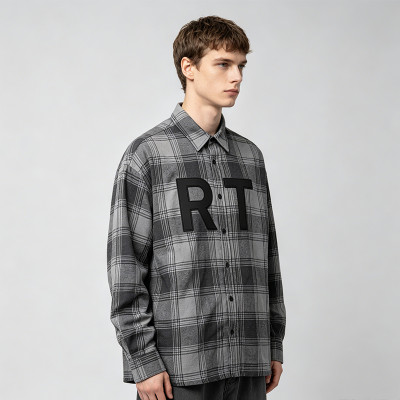 Grey Plaid Shirt With Leather Applique | 100% Cotton | Hip Hop Street Daily Wear | Clothing Manufacturer
