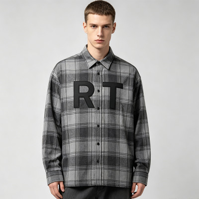 Grey Plaid Shirt With Leather Applique | 100% Cotton | Hip Hop Street Daily Wear | Clothing Manufacturer
