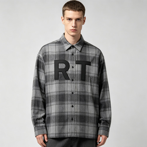 Grey Plaid Shirt With Leather Applique | 100% Cotton | Hip Hop Street Daily Wear | Clothing Manufacturer