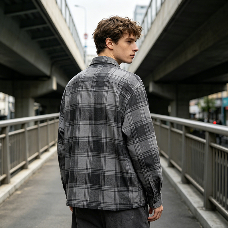 Grey Plaid Shirt With Leather Applique