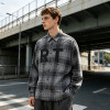 Grey Plaid Shirt With Leather Applique | 100% Cotton | Hip Hop Street Daily Wear | Clothing Manufacturer
