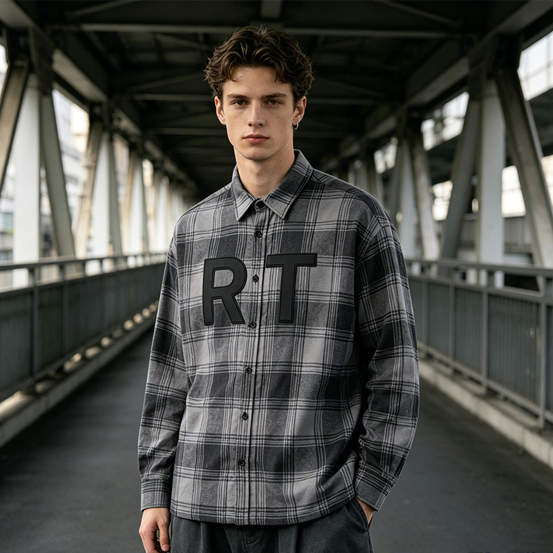 Grey Plaid Shirt With Leather Applique
