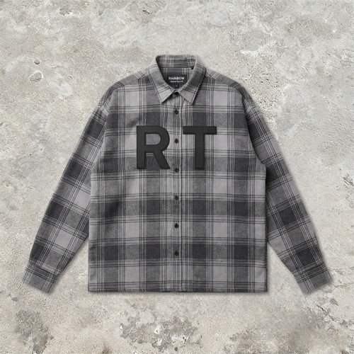 Grey Plaid Shirt With Leather Applique | 100% Cotton | Hip Hop Street Daily Wear | Clothing Manufacturer