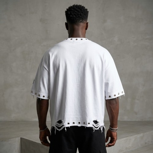 DTG Print Rivet Frayed Raw Edge Embroidery Patch T-shirt | Distressed Eyelet Detail | 100% Cotton Loose Fit | Custom Streetwear