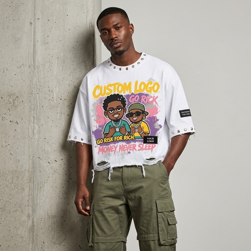 DTG Print Rivet Frayed Raw Edge Embroidery Patch T-shirt