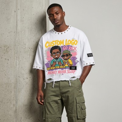DTG Print Rivet Frayed Raw Edge Embroidery Patch T-shirt | Distressed Eyelet Detail | 100% Cotton Loose Fit | Custom Streetwear