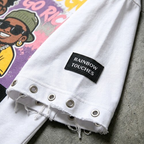 DTG Print Rivet Frayed Raw Edge Embroidery Patch T-shirt | Distressed Eyelet Detail | 100% Cotton Loose Fit | Custom Streetwear
