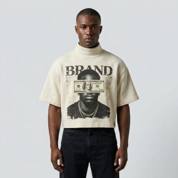 Cropped Mock Neck DTG Print and Washed T Shirt | Heavyweight Cotton | Custom Streetwear Manufacturer