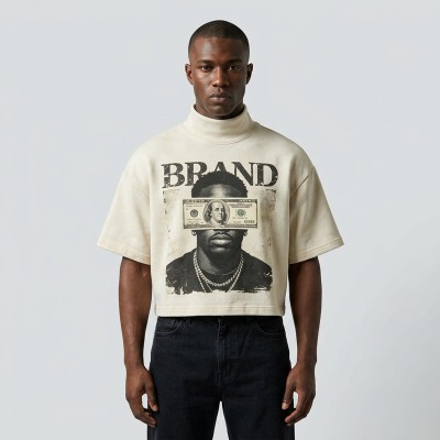Cropped Mock Neck DTG Print and Washed T Shirt | Heavyweight Cotton | Custom Streetwear Manufacturer