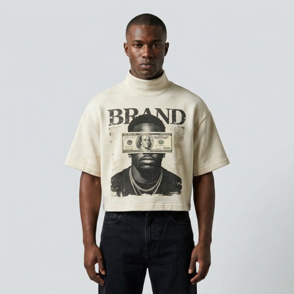 Cropped Mock Neck DTG Print and Washed T Shirt | Heavyweight Cotton | Custom Streetwear Manufacturer