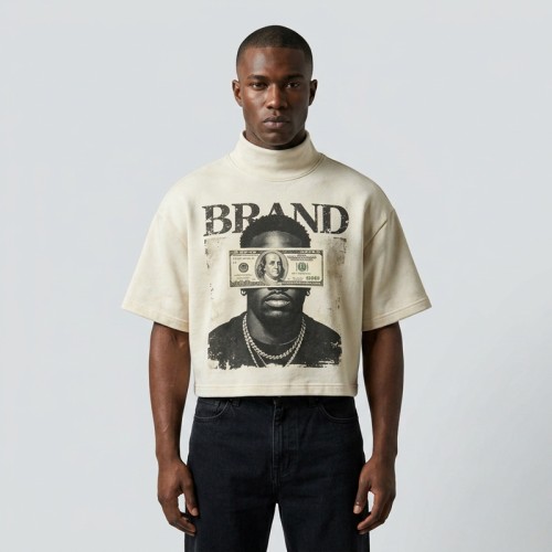 Cropped Mock Neck DTG Print and Washed T Shirt | Heavyweight Cotton | Custom Streetwear Manufacturer