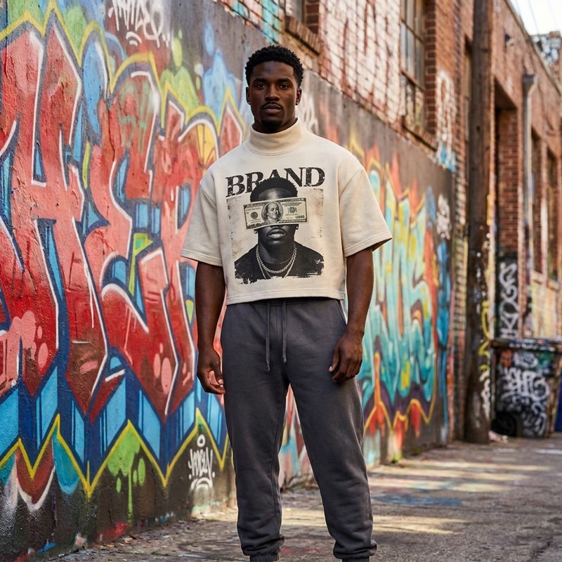 Cropped Mock Neck DTG Print and Washed T Shirt
