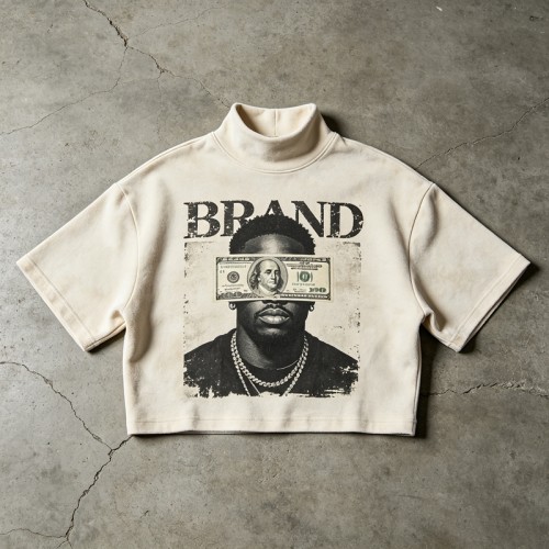 Cropped Mock Neck DTG Print and Washed T Shirt | Heavyweight Cotton | Custom Streetwear Manufacturer