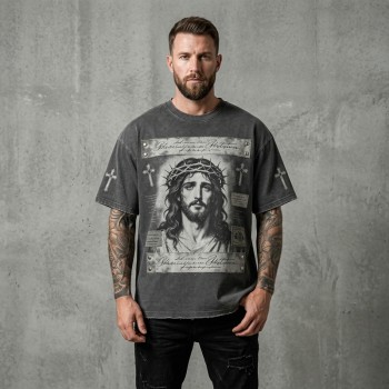 Washed DTG Print Embroidery Patch Beading Short Sleeve Tee | Heavyweight cotton | Gothic Religious Street Wear | OEM Streetwear