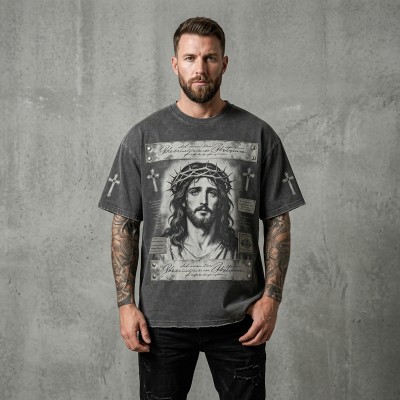 Washed DTG Print Embroidery Patch Beading Short Sleeve Tee | Heavyweight cotton | Gothic Religious Street Wear | OEM Streetwear