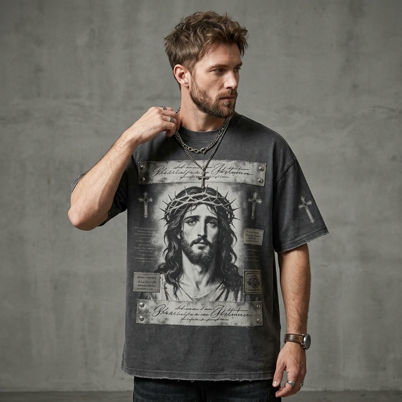 Washed DTG Print Embroidery Patch Beading Short Sleeve Tee