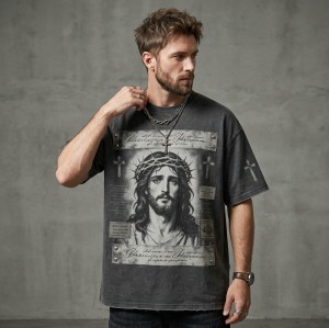 Washed DTG Print Embroidery Patch Beading Short Sleeve Tee | Heavyweight cotton | Gothic Religious Street Wear | OEM Streetwear