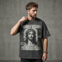Washed DTG Print Embroidery Patch Beading Short Sleeve Tee | Heavyweight cotton | Gothic Religious Street Wear | OEM Streetwear