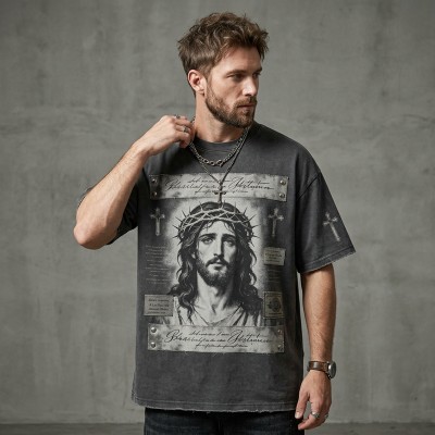 Washed DTG Print Embroidery Patch Beading Short Sleeve Tee | Heavyweight cotton | Gothic Religious Street Wear | OEM Streetwear