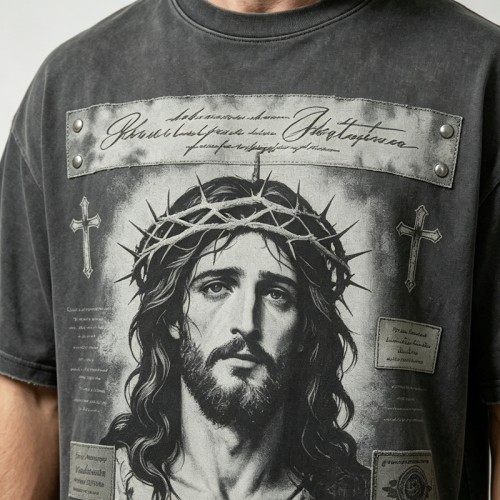 Washed DTG Print Embroidery Patch Beading Short Sleeve Tee | Heavyweight cotton | Gothic Religious Street Wear | OEM Streetwear