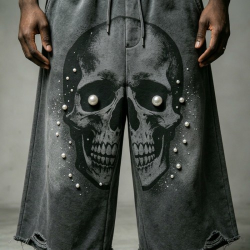 Washed DTG Print Pearl Bead Distressed Wide Leg  Capri pants | Heavy French Terry Fabric | OEM Streetwear
