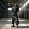 Washed DTG Print Pearl Bead Distressed Wide Leg  Capri pants | Heavy French Terry Fabric | OEM Streetwear